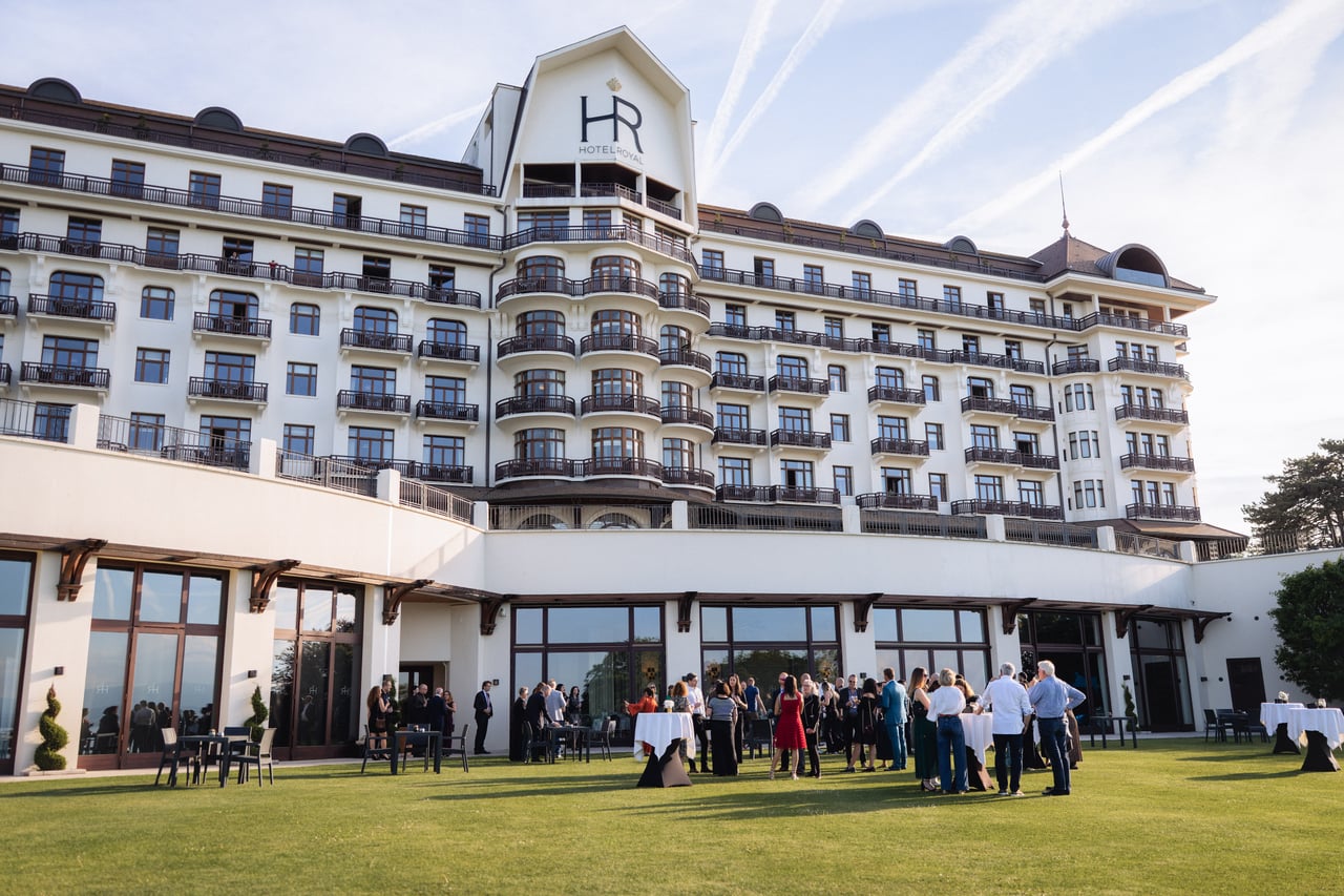 Corporate cocktail reception in the gardens of the Hôtel Royal, Évian-les-Bains