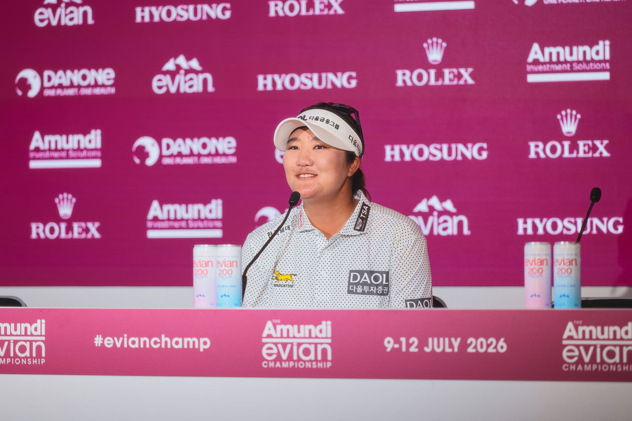 Press conference in front of the sponsor wall, Amundi Evian Championship 2026